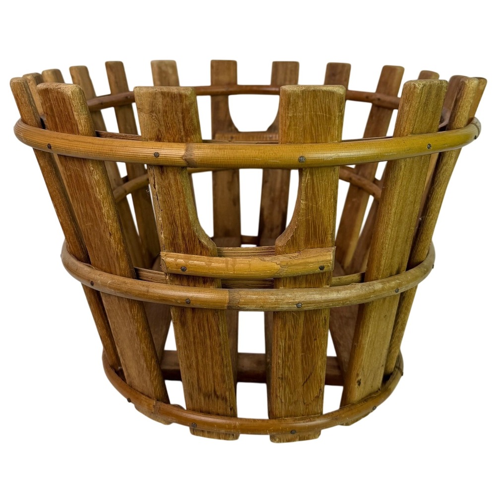 Vintage Large Oval Wooden Slats & Bamboo Basket Rustic Decor Storage Cottagecore - Picture 2 of 9
